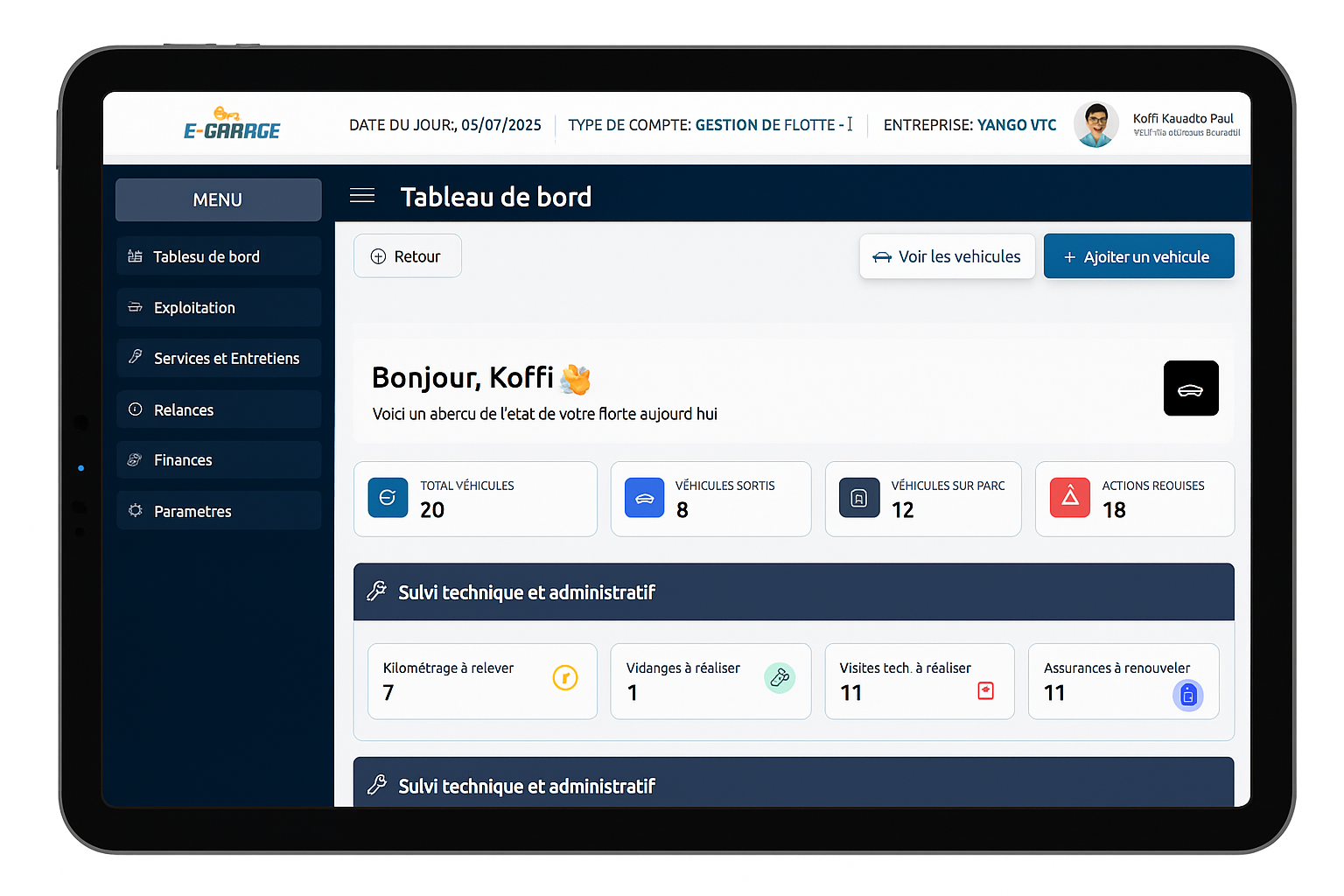 E-Garage Professional Tablet Interface